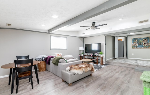 living room featuring a textured ceiling, visible vents, baseboards, light wood-style floors, and beamed ceiling