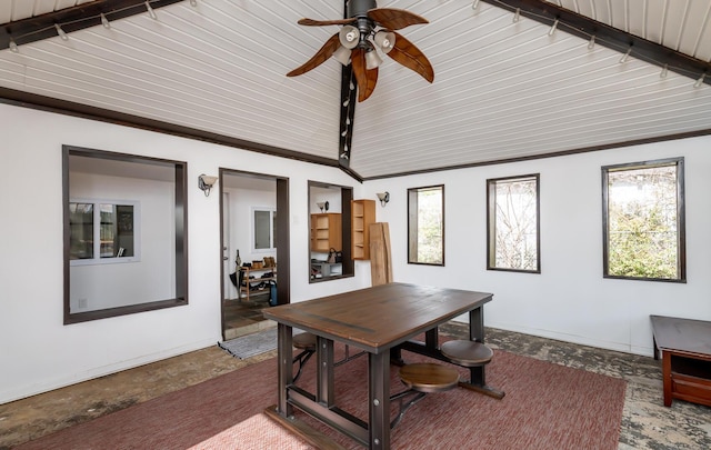 office area featuring concrete floors and vaulted ceiling