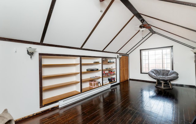 bonus room with dark wood-style floors, lofted ceiling, a baseboard heating unit, ceiling fan, and baseboards