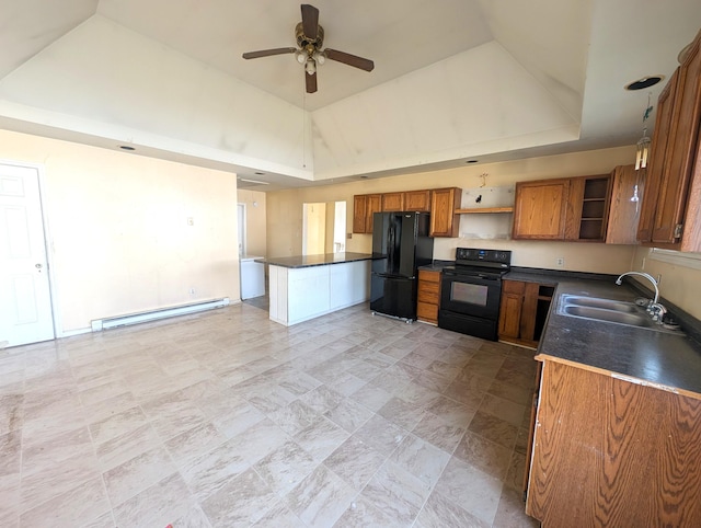 kitchen featuring open shelves, dark countertops, baseboard heating, a sink, and black appliances