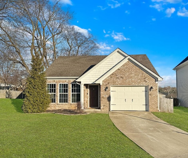 ranch-style home featuring a garage, driveway, a front lawn, and fence