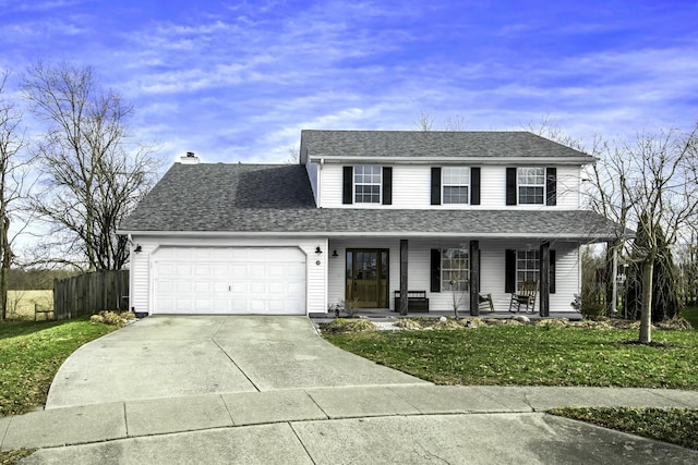 traditional-style house with a porch, a garage, fence, concrete driveway, and a chimney