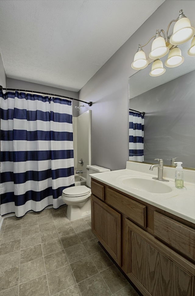 bathroom featuring toilet, shower / bathtub combination with curtain, a textured ceiling, and vanity