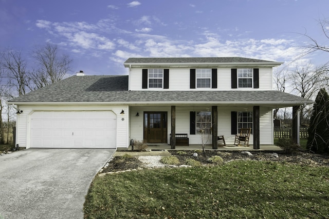 view of front of house with a garage, aphalt driveway, roof with shingles, and covered porch