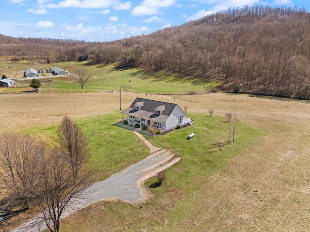 bird's eye view with a rural view and a wooded view