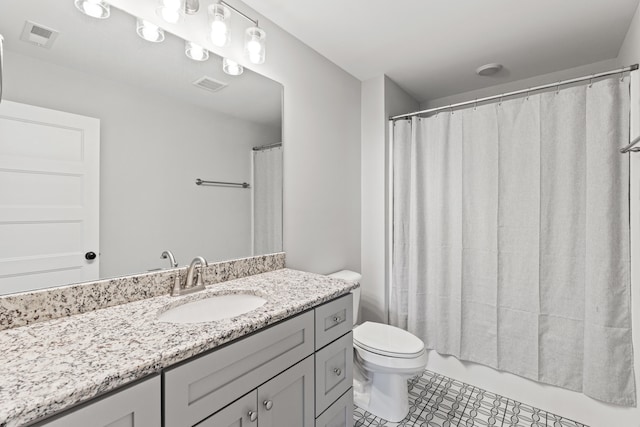 full bath featuring shower / tub combo, visible vents, vanity, and toilet