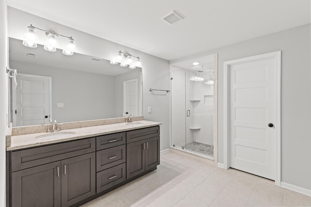 full bath featuring a stall shower, visible vents, a sink, and tile patterned floors