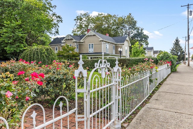 view of front of property featuring a gate and fence