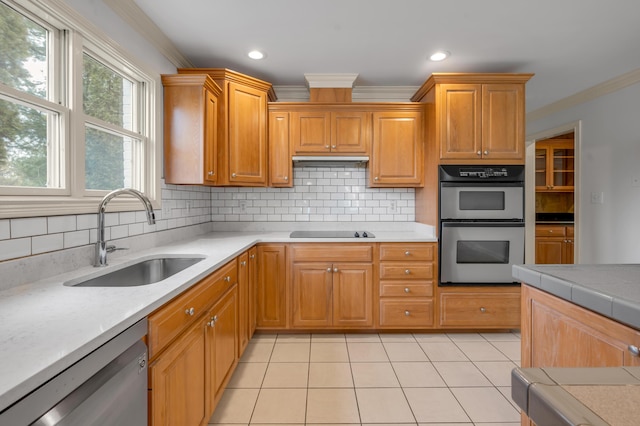 kitchen featuring decorative backsplash, appliances with stainless steel finishes, ornamental molding, light countertops, and a sink