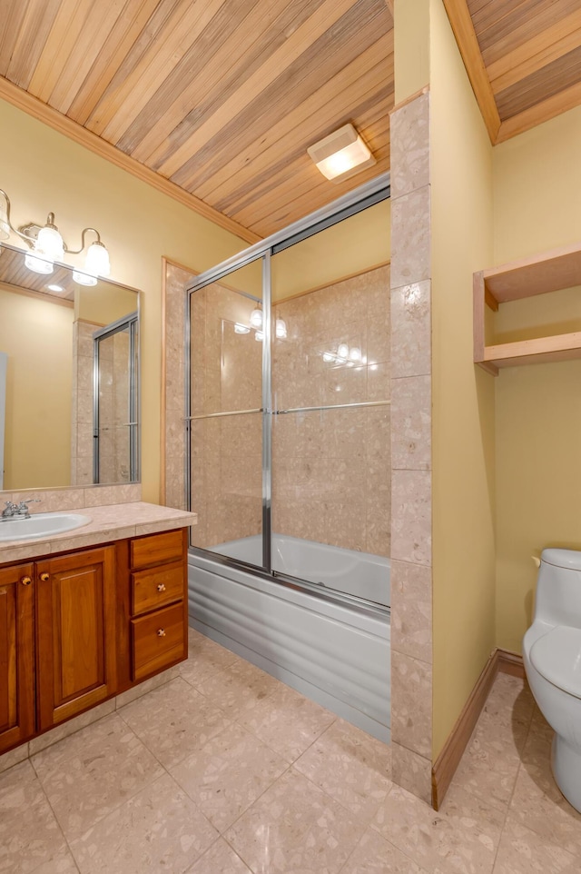 full bath featuring toilet, wood ceiling, combined bath / shower with glass door, crown molding, and vanity