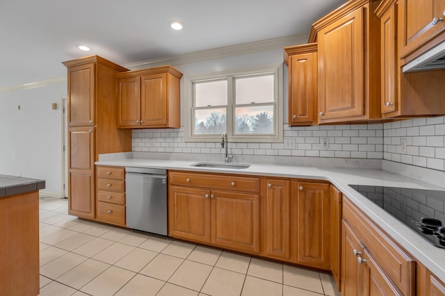 kitchen featuring crown molding, black electric stovetop, decorative backsplash, a sink, and dishwasher