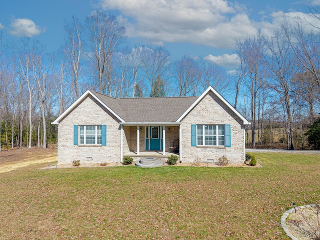 single story home with covered porch, brick siding, a shingled roof, crawl space, and a front yard