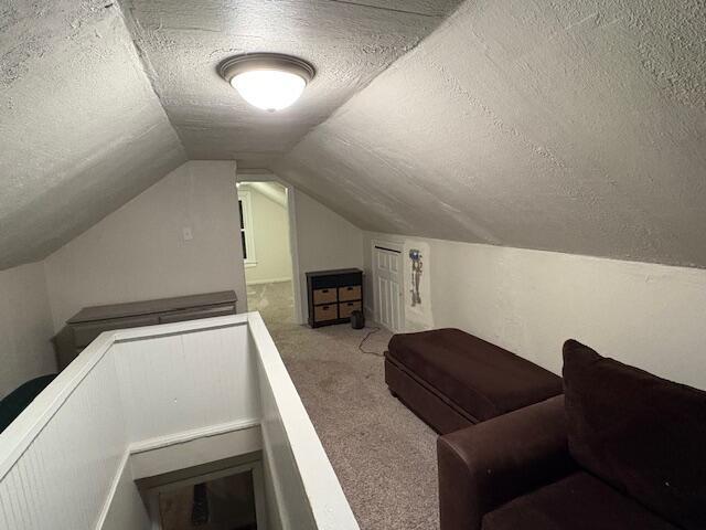 bonus room with a textured ceiling, carpet floors, and lofted ceiling