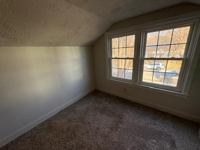 additional living space featuring vaulted ceiling, dark carpet, a textured ceiling, and baseboards