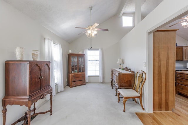 living area with a ceiling fan, lofted ceiling, and light carpet