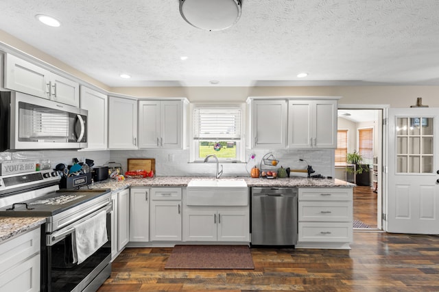 kitchen with stainless steel appliances, tasteful backsplash, dark wood-type flooring, a sink, and light stone countertops