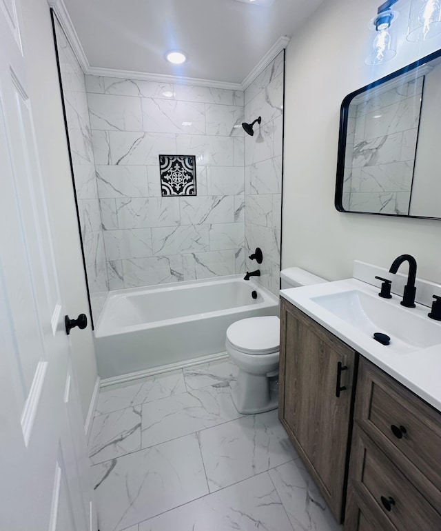 bathroom with marble finish floor, toilet, ornamental molding, tub / shower combination, and vanity