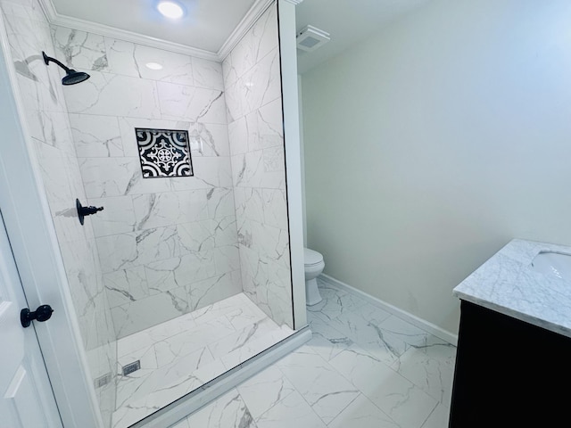 full bathroom featuring ornamental molding, a stall shower, marble finish floor, and vanity