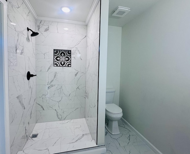 full bath with baseboards, toilet, ornamental molding, marble finish floor, and a shower stall