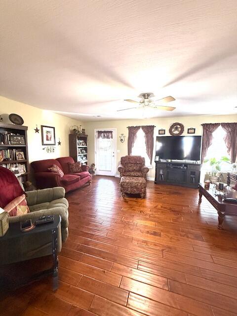 living room with a ceiling fan, wood-type flooring, and a healthy amount of sunlight