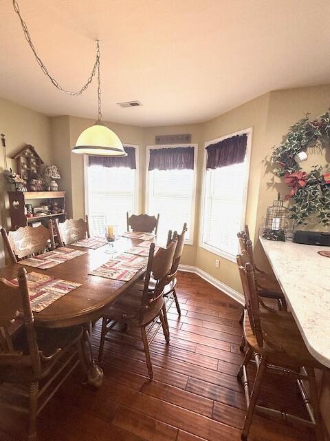 dining room featuring dark wood-type flooring, plenty of natural light, and baseboards