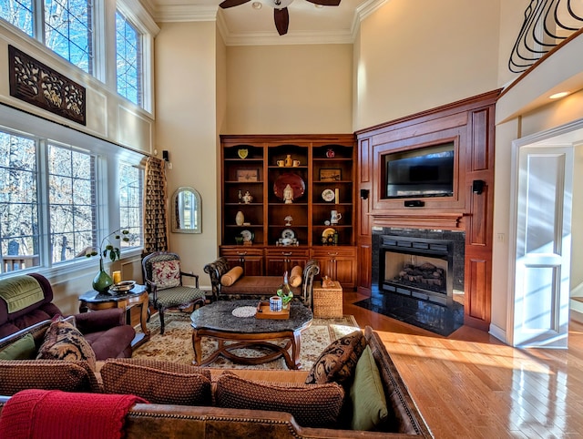 living area featuring a towering ceiling, a fireplace with flush hearth, crown molding, and wood finished floors