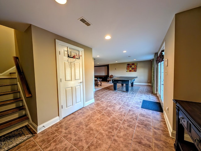 game room featuring light tile patterned floors, billiards, baseboards, visible vents, and recessed lighting