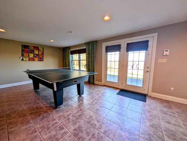 recreation room with recessed lighting, tile patterned floors, visible vents, and baseboards