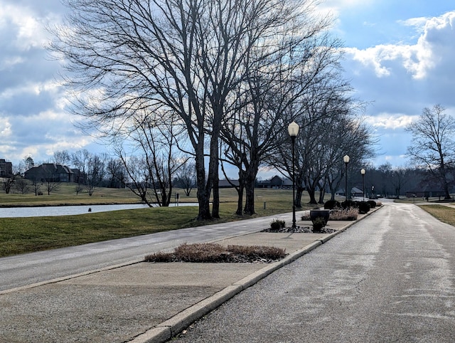 view of road with a water view and street lights