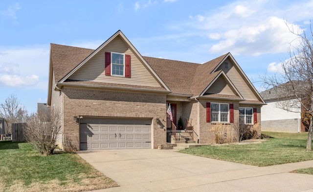 view of front of property featuring brick siding, driveway, and a front lawn