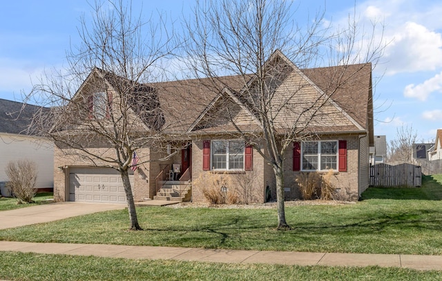 view of front of property featuring a garage, brick siding, fence, driveway, and a front lawn