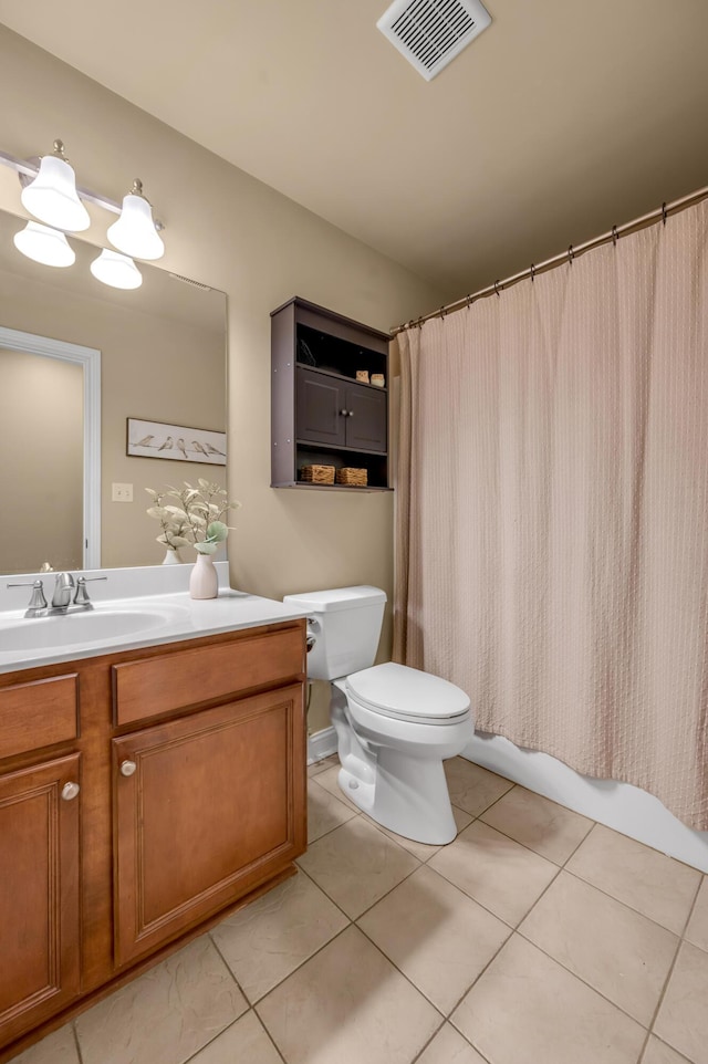 full bath featuring shower / tub combo, visible vents, toilet, tile patterned flooring, and vanity