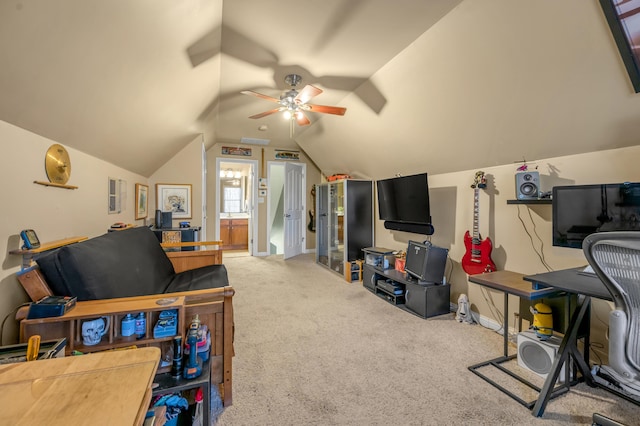 interior space with lofted ceiling, baseboards, and a ceiling fan