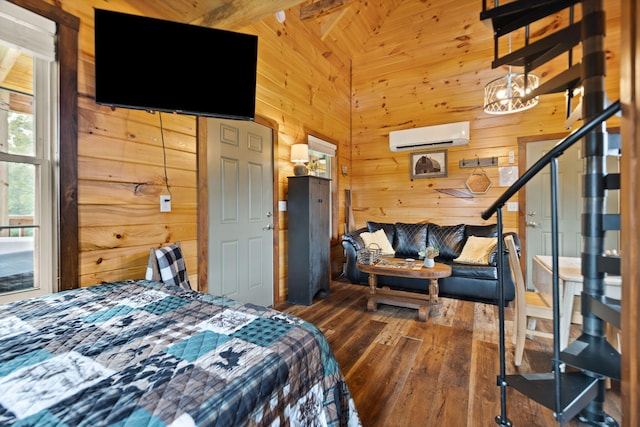 bedroom with wood walls, an AC wall unit, beam ceiling, hardwood / wood-style flooring, and high vaulted ceiling