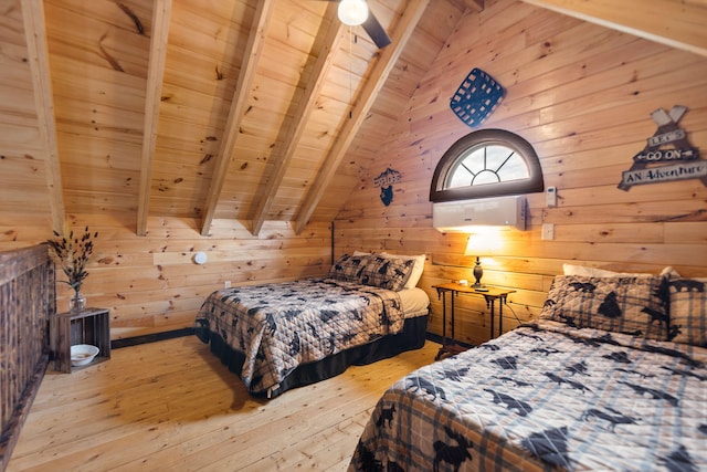 bedroom featuring wooden ceiling, wooden walls, vaulted ceiling with beams, and light wood-style floors