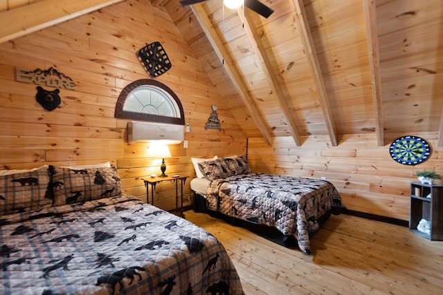 unfurnished bedroom with wooden ceiling, hardwood / wood-style floors, vaulted ceiling with beams, and wood walls