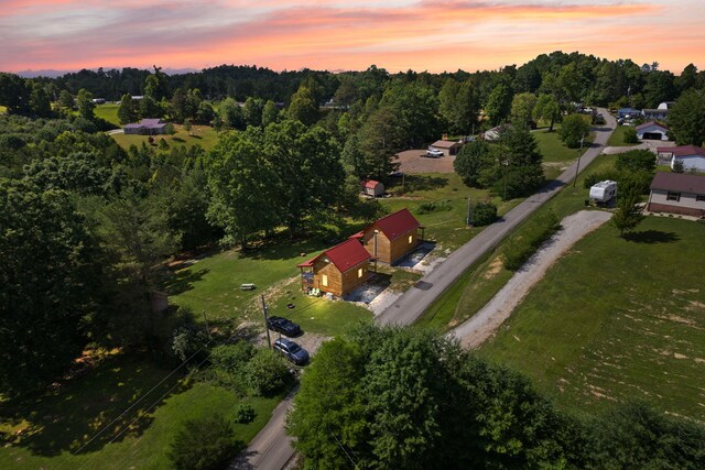 aerial view featuring a wooded view