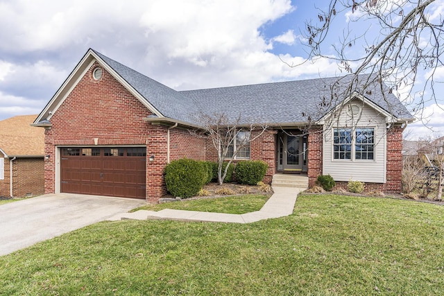 single story home featuring driveway, a garage, a front yard, and brick siding