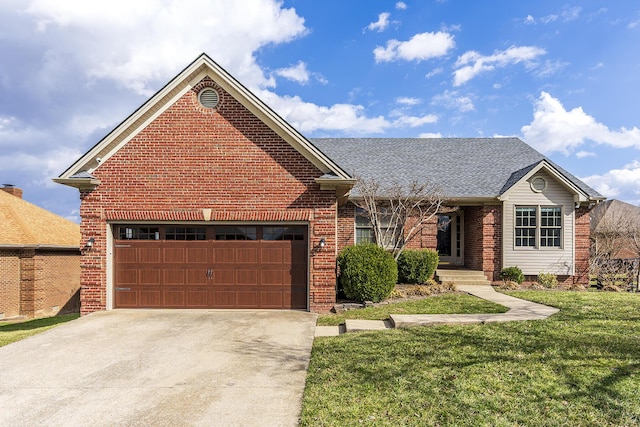 ranch-style home featuring a garage, brick siding, driveway, roof with shingles, and a front yard