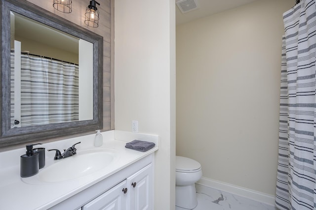 full bathroom featuring baseboards, visible vents, toilet, marble finish floor, and vanity