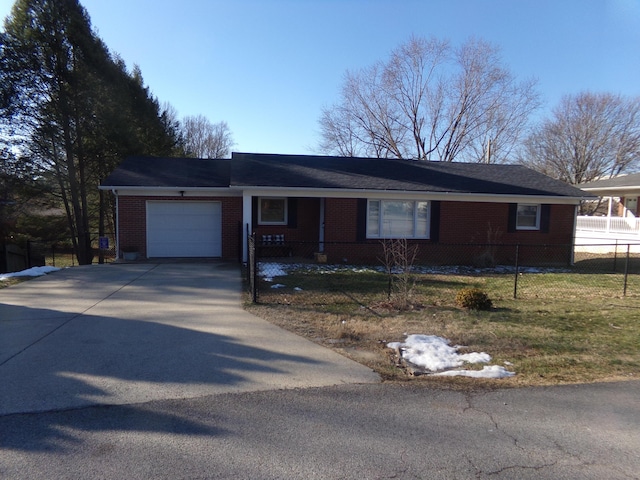 single story home featuring a garage, brick siding, driveway, and fence