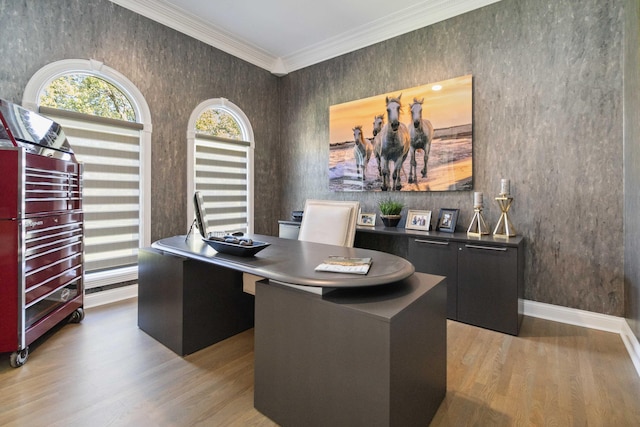 office area with ornamental molding, baseboards, and light wood finished floors