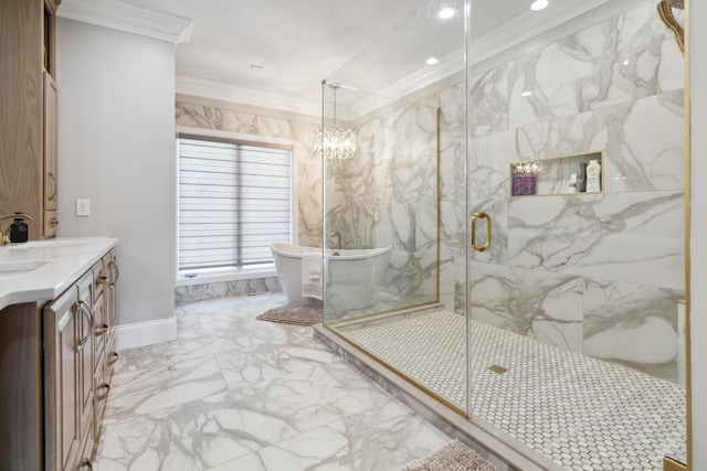 full bathroom with a marble finish shower, marble finish floor, crown molding, vanity, and a freestanding tub