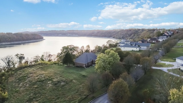 drone / aerial view with a water view