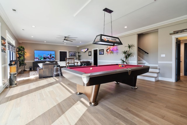 playroom with ornamental molding, recessed lighting, billiards, and wood finished floors