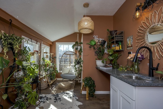 interior space with vaulted ceiling, baseboards, and wood finished floors