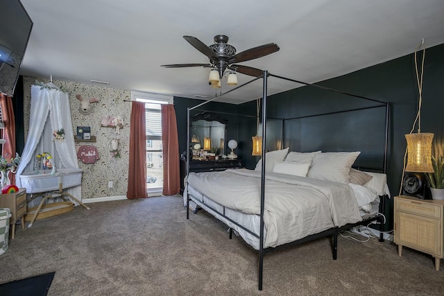 bedroom with carpet floors, ceiling fan, baseboards, and wallpapered walls