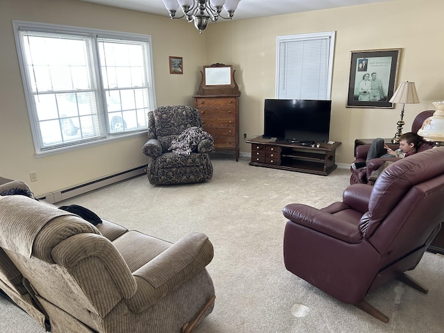 carpeted living room featuring a chandelier, a baseboard radiator, and baseboards