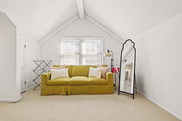 living area with lofted ceiling with beams, carpet floors, and baseboards