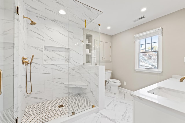 full bath with toilet, marble finish floor, a marble finish shower, and visible vents